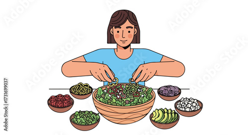 Illustration of a woman making a salad with fresh ingredients for a healthy meal preparation activity at home
