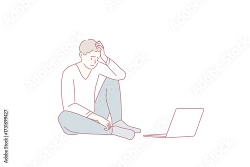 Stress and exhaustion at ideas concept. Young stressed man cartoon character sitting on floor near laptop and feeling frustrated and stuck with ideas vector illustration