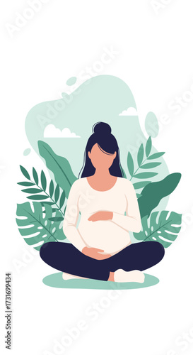 Pregnant woman meditating peacefully in a serene natural environment surrounded by lush greenery.
