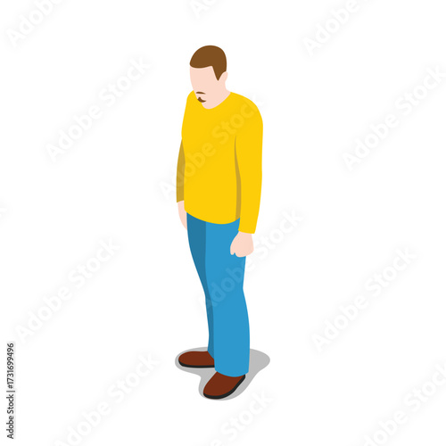 Isometric illustration of a man wearing a yellow longsleeved shirt and blue jeans, standing with his head down, isolated on transparent background