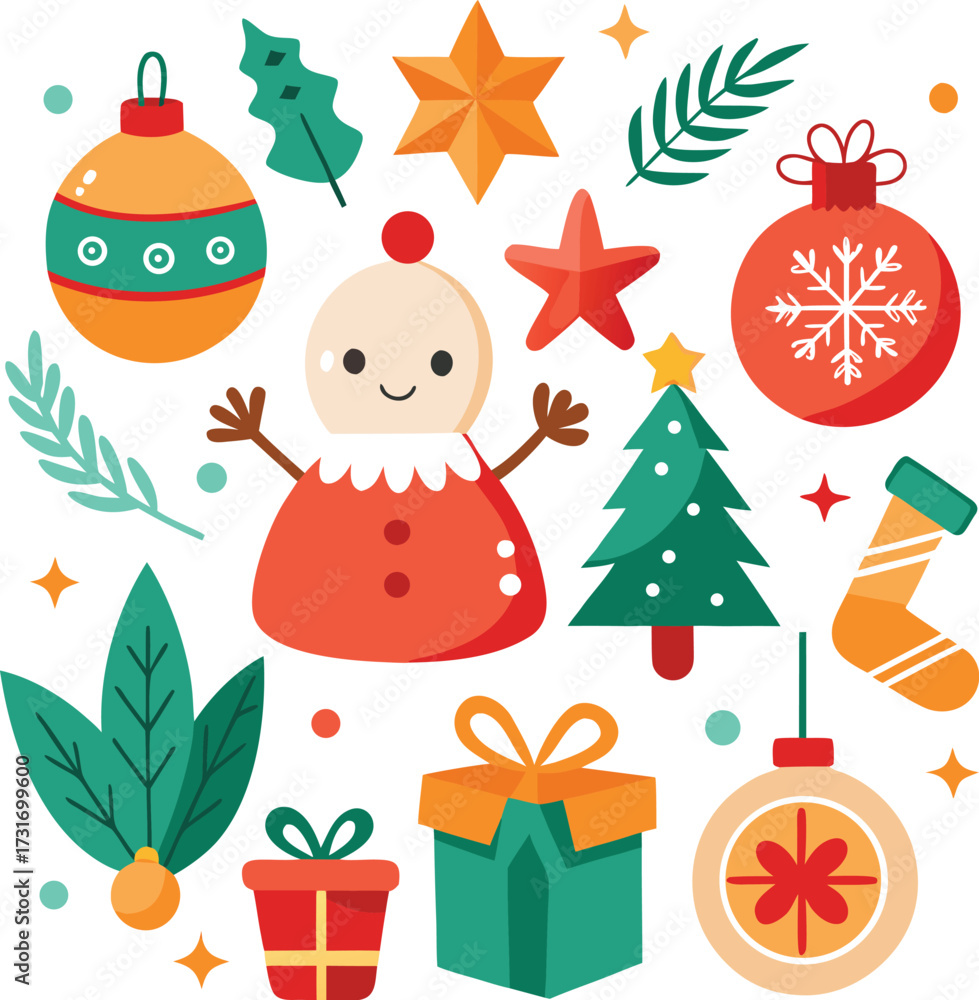 Fototapeta premium Vector art of an adorable collection of christmas icons, including a snowman, gift boxes, a christmas tree, ornaments, and a stocking, all isolated on a