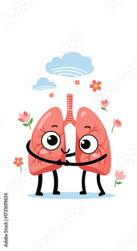 Adorable cartoon lungs holding hands with a smiling face and flowers surrounding them.