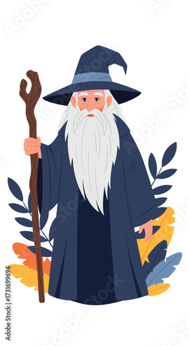 A wise old wizard with a long white beard and a staff stands among colorful leaves.