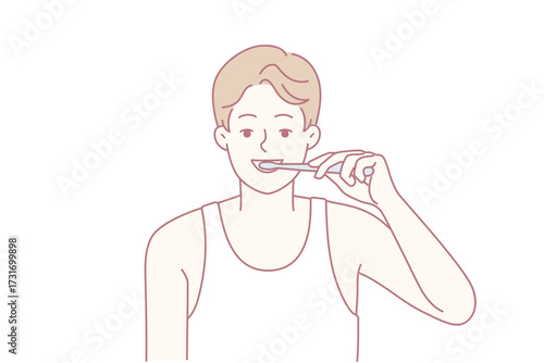Smiling young man brushing teeth with toothbrush in morning. Happy guy do oral care daily routine in bathroom. Good habit. Vector illustration.