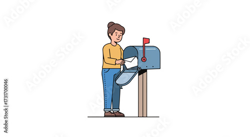 Cartoon illustration of woman posting a letter in a blue mailbox in a charming neighborhood scene ideal for communication themed content