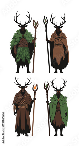 Four pixel art depictions of antlered figures wearing nature inspired attire.