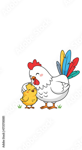 A mother hen tenderly hugging her fluffy chick on a sunny day.