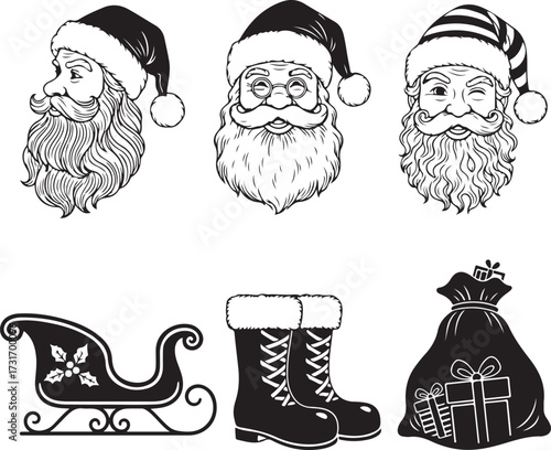 Santa's Whimsical Lineup: A cheerful collection of illustrations. Santa Claus with charming expressions and iconic elements, inviting holiday magic and spreading the festive spirit.