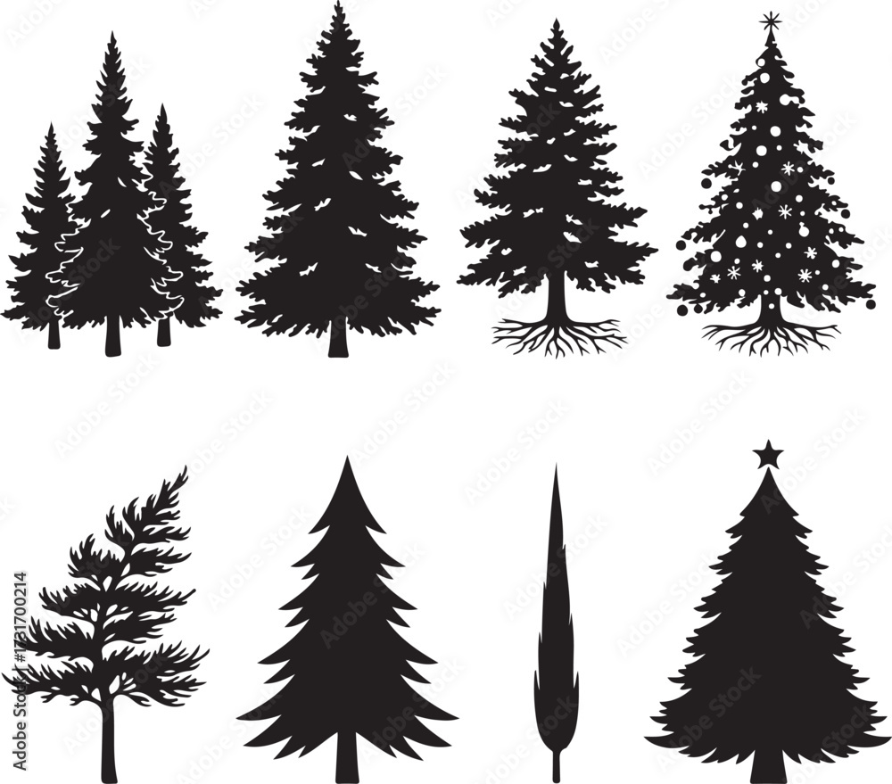 Obraz premium Evergreen Silhouettes: A striking silhouette collection of various evergreen trees, embodying the tranquility and majesty of the natural world, ideal for graphic design.