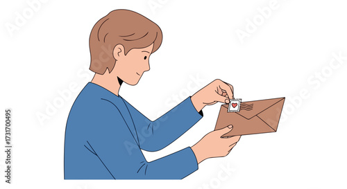 Young adult carefully affixes a heart-themed stamp onto a warm brown envelope expressing affection and connection through traditional correspondence