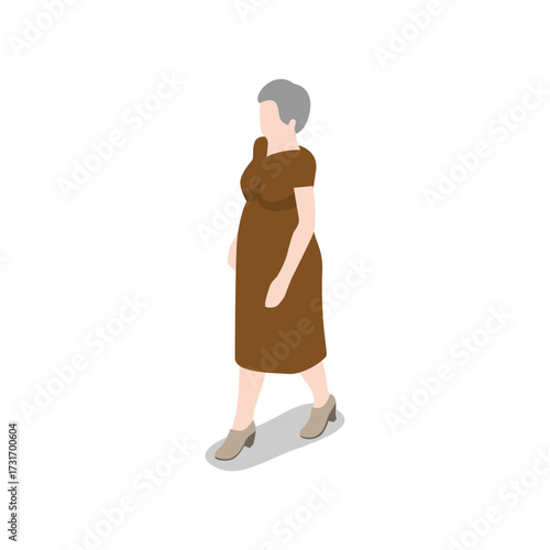 Isometric illustration of an elderly woman with short gray hair wearing a brown dress and beige shoes, walking isolated on transparent background
