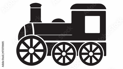 Illustration of a vintage steam train locomotive with three wheels and a chimney in black silhouette form
