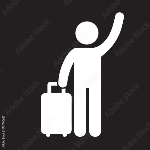 A white silhouette of a person on a black background. The person is holding a rolling suitcase with one hand and waving with the other. The image is a simple pictogram or icon.