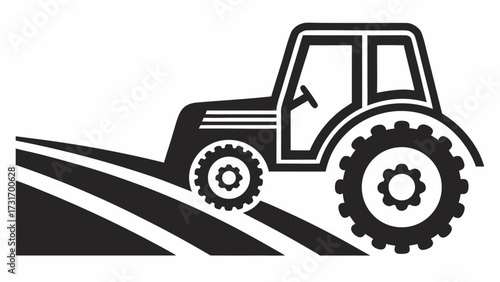 Illustration of a black tractor on a field with white stripes representing plowed rows in a simple design