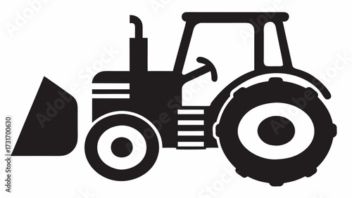 Illustration of a black tractor with a front loader and large tires on a white background vector image