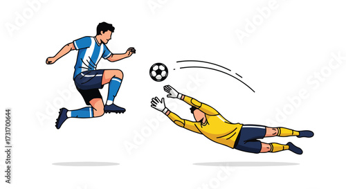 Dynamic soccer action scene showcasing a player kicking the ball towards a diving goalkeeper, illustrating competition and athleticism