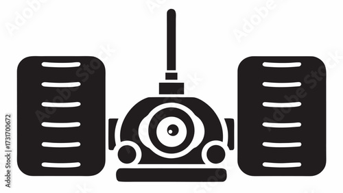 Illustration of a security camera with an antenna and two rectangular side lights in black and white