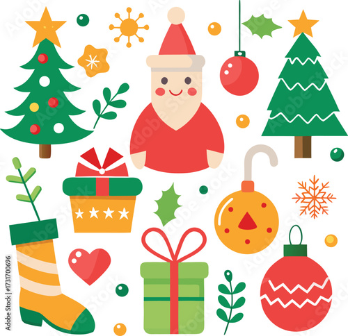 Vector art of a delightful arrangement of christmas symbols including santa claus, decorated trees, gifts, a stocking, ornaments, and festive greenery, isolated on a
