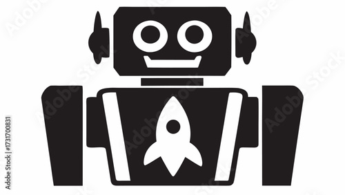 Illustration of a black and white robot with a rocket on its chest and antenna on its head design