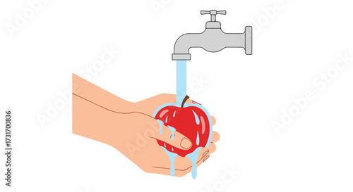 Illustration of hands washing a shiny red apple under running water from a chrome faucet to ensure hygiene and cleanliness for healthy eating