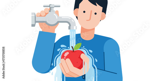 Freshness guaranteed: Illustrated man washing an apple under running water for healthy living habits and hygiene practices