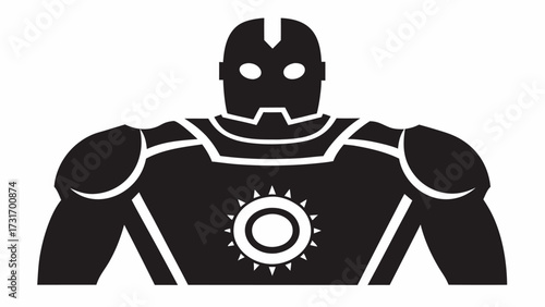 Illustration of a black and white superhero with a helmet and a circular symbol on the chest armor design