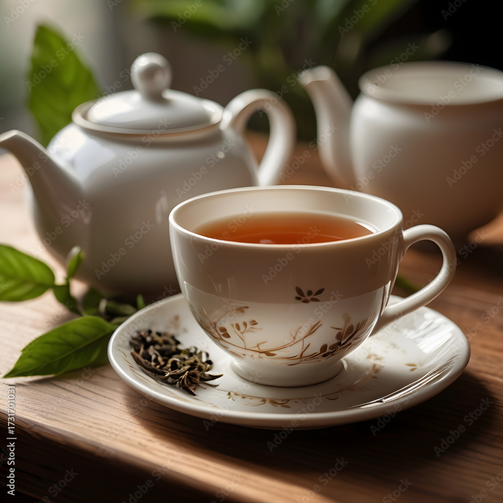 Fototapeta premium A Delightful Afternoon Tea A Perfect Cup of Tea with a Elegant White Teapot and Cup