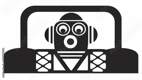 Illustration of a surprised robot with headphones in a vehicle frame in black and white color