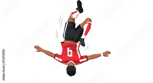 Soccer Acrobatics: Cartoon Player Executing a Spectacular Headstand Celebration with Energetic Whirl in Mid-Air on a Pure White Background