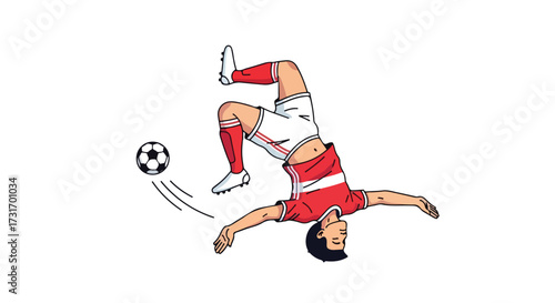 Stylized soccer illustration featuring a sportsman performing an acrobatic kick with expressive movement and simple design elements for energetic