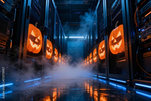 Halloween server room with pumpkins and fog, spooky data center, tech holiday decoration, dark blue lighting, futuristic atmosphere