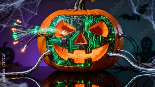 Halloween pumpkin with circuit board design and fiber optic lights, spooky tech decoration, futuristic holiday concept, dark background, festive, creative, digital art