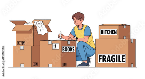 Man preparing for house relocation labeling cardboard boxes full of belongings for an organized move into a new home or apartment