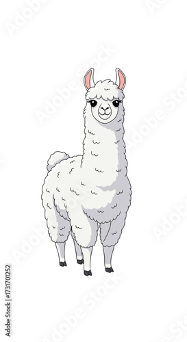 A fluffy white llama stands tall on a bright white background with its ears perked up.