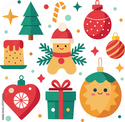 Vector art of a delightful arrangement of christmas symbols such as a gingerbread person, ornaments, a gift box, a cake, and a candy cane, all isolated on a for easy use