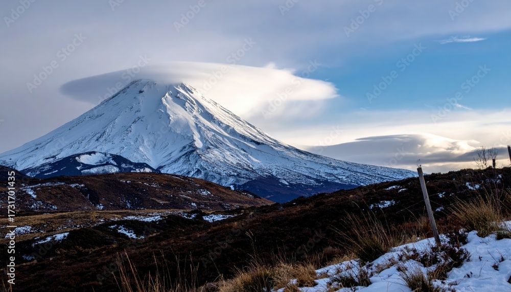 Fototapeta premium A majestic snow capped mountain stands tall under a partly cloudy sky with rocky foreground terrain