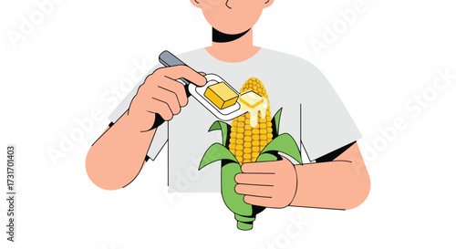 Cartoon illustration depicting a person preparing corn on the cob with butter using a butter spreader in a minimalistic flat vector style drawing