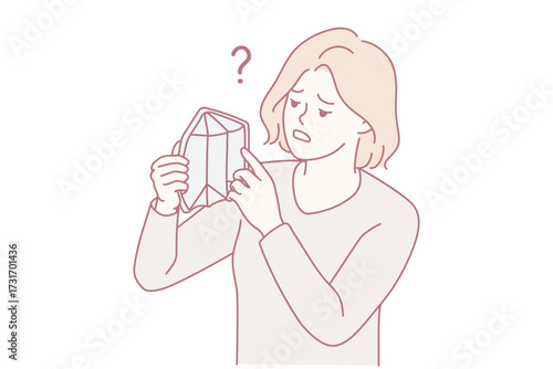 Distressed young woman with empty wallet suffer from bankruptcy. Unhappy poor girl struggle with poverty and money lack. Vector illustration.