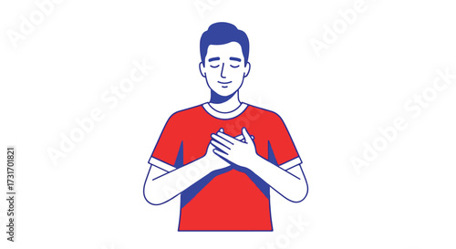 Serene gratitude: a man with hands clasped over his heart expressing appreciation in a gesture of sincerity
