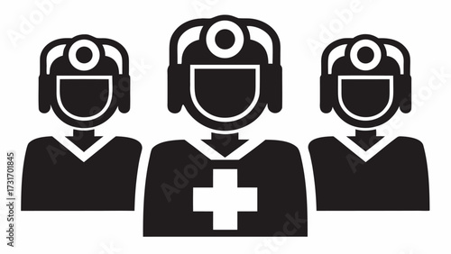 Three doctors with head mirror and cross on uniform standing in a row in black and white illustration