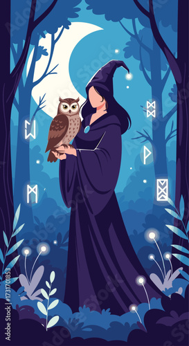 A mystic witch holding a wise owl under the moonlight in an enchanted forest.