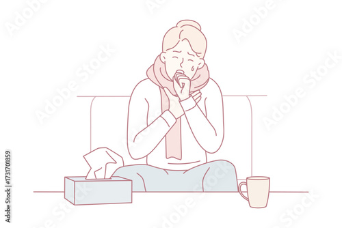 Unhealthy young man sit on sofa at home struggle with covid-19 symptoms. Unwell sick guy feeling bad coughing and sneezing having flu. Vector illustration.