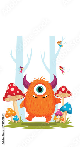 A cute fuzzy orange monster with one eye and horns stands happily amidst a magical forest with colorful mushrooms and playful fairies.