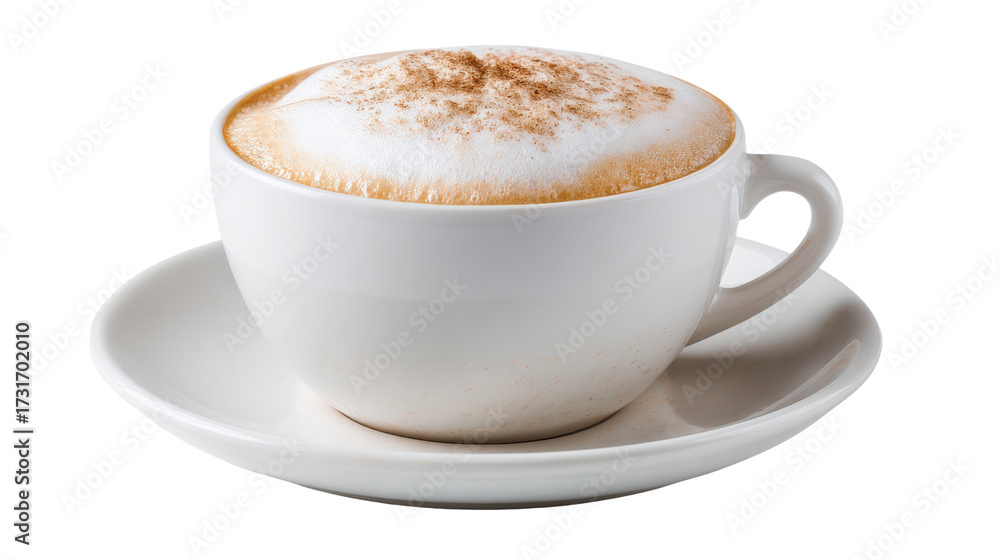 Fototapeta premium A frothy cappuccino served in a white cup on a saucer, perfect for coffee lovers.