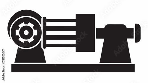 Illustration of a lathe machine with gears and horizontal bars in black and white simple design style