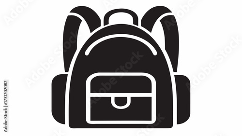 Illustration of a black backpack with straps and a small pocket on the front side view isolated