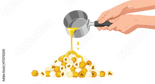 Pouring Golden Liquid Topping Over a Fluffy Popcorn Mound, Revealing Culinary Delight and Cartoon Style Treat Representation