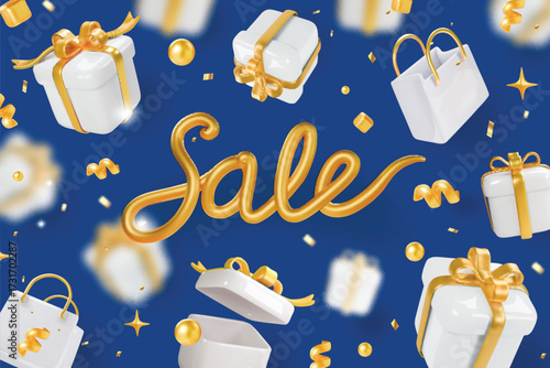 Merry Christmas promotion, discount sale. Background with realistic festive gifts boxes floating and sale lettering. Xmas present. White boxes fall effect Holiday banner, web poster, flyer,