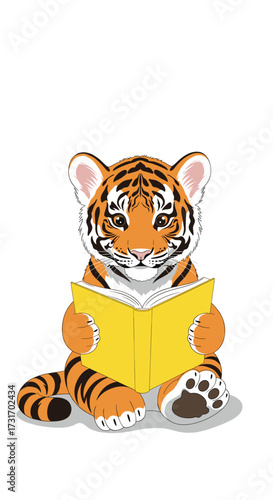 A cute baby tiger happily reads a book on a white background.