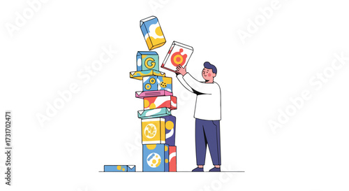 Unstable equilibrium: A man balances a tower of colorful boxes with dynamic icons reflecting brand identity and creative organization